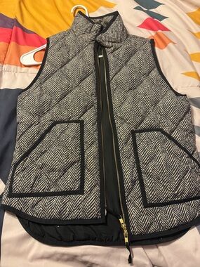 J. Crew Black & White Herringbone Quilted Vest with Gold Zip